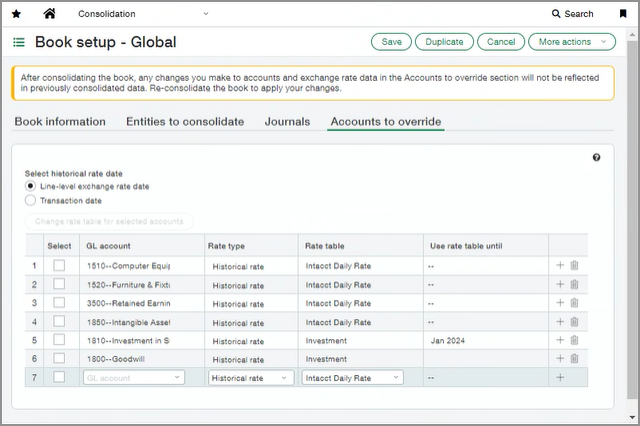 You can now remove GL accounts from the Accounts to override tab and change the relevant translation rate table.