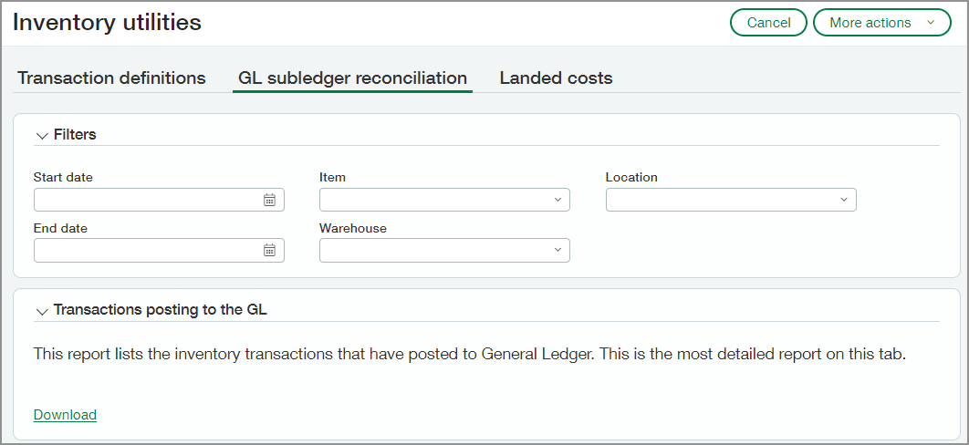 The Inventory utilities page  with the GL subledger reconciliation tab selected.