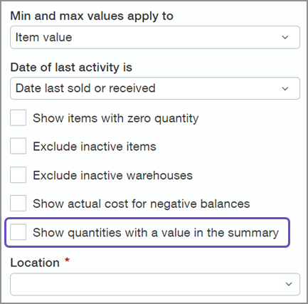 Section of the Inventory Valuation report page with the Show quantities with a value in the summary checkbox.
