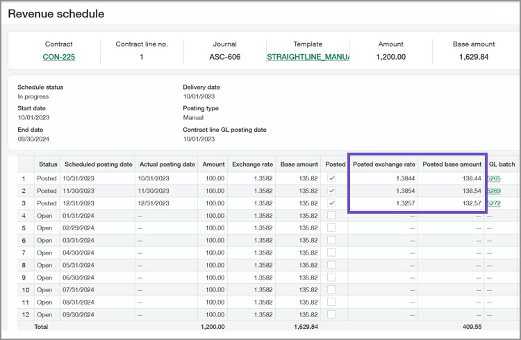 Revenue schedules window with the Posted exchange rate and Posted base amount fields highlighted.