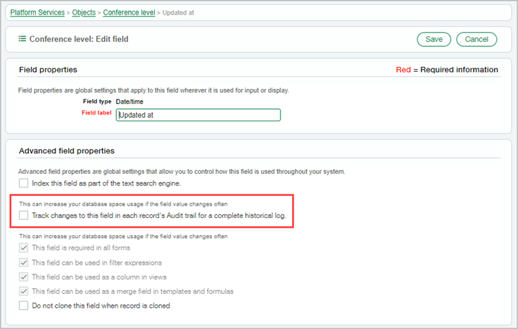 Platform system field edit screen with checkbox that tracks changes in audit trail highlighted. 