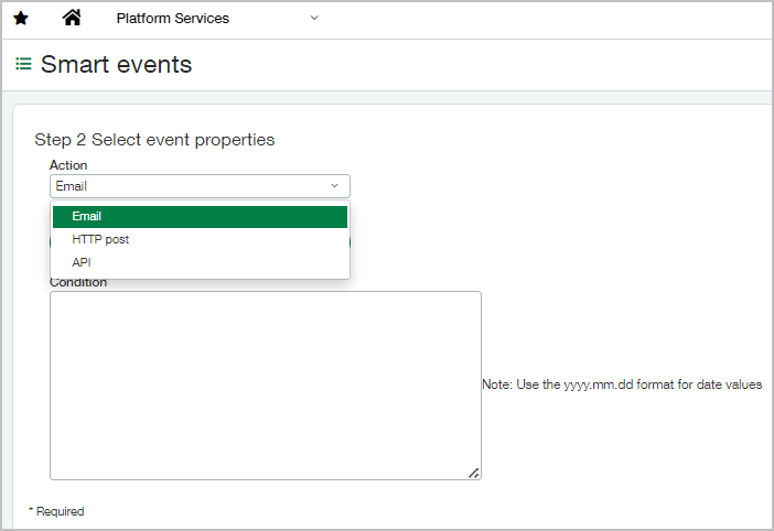 The Smart events creation page, step 2, with the Email, HTTP post, and API options visible. 