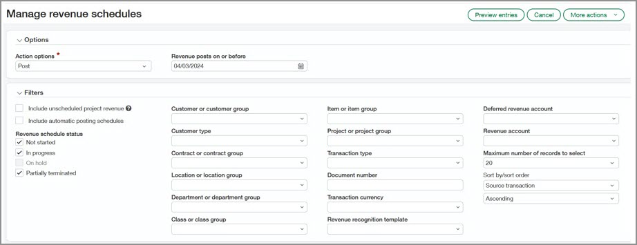 Filters section of the Manage Revenue Schedules page.