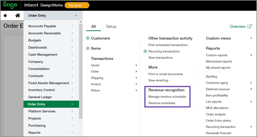 Order Entry application menu with the Revenue recognition section highlighted.