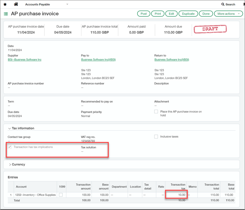 Screenshot of ap draft bill with callouts for Transaction has tax implications and manually entered transaction tax amount