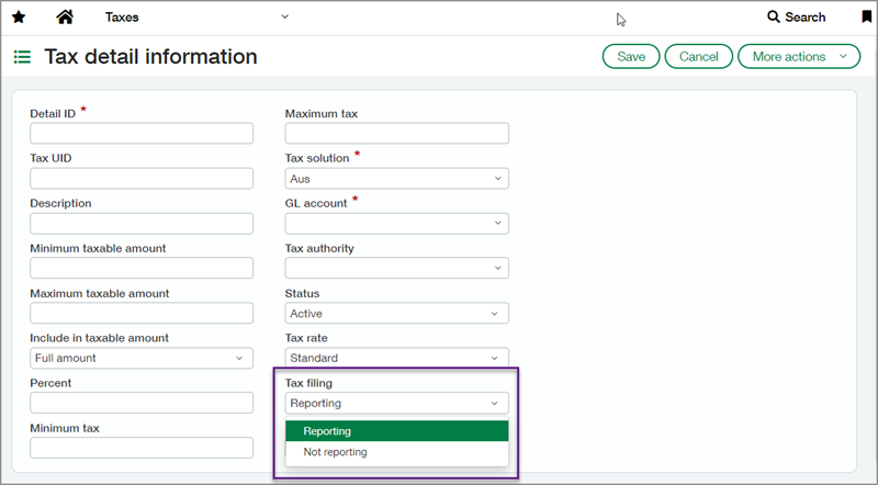 Screenshot of Tax detail information page with callout box for Tax filing Reporting and Not reporting.
