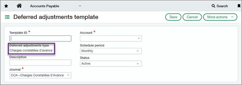 Screenshot of the Deferred adjustments template creation page with a callout box around the Deferred adjustments type for CCA.