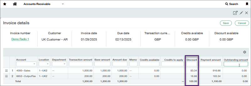 Screenshot of the invoice details page for a line-items total excluding taxes term discount with a callout box around the discount section.