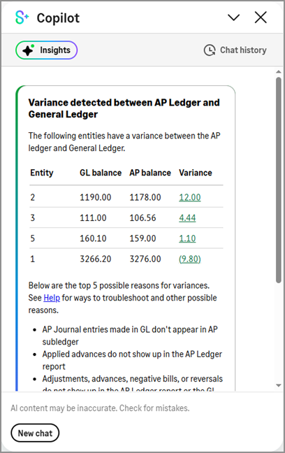 The Copilot panel showing a variance between Accounts Payable and General Ledger in four entities. 
