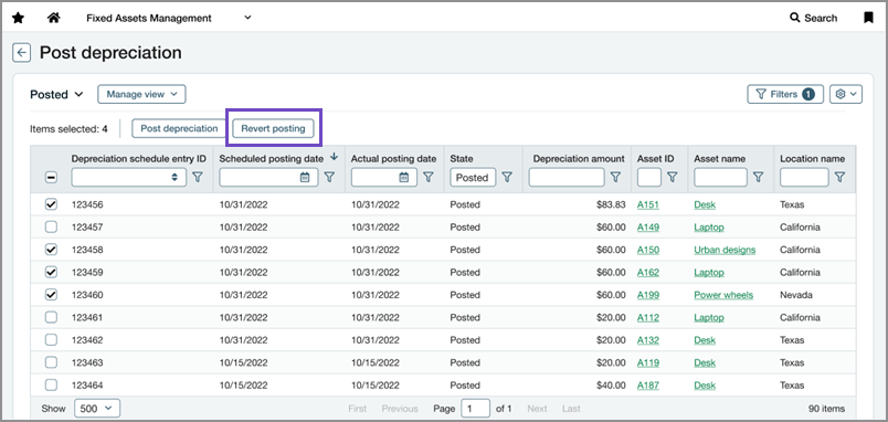 Post depreciation list with some entries selected. Shows the Revert posting button.
