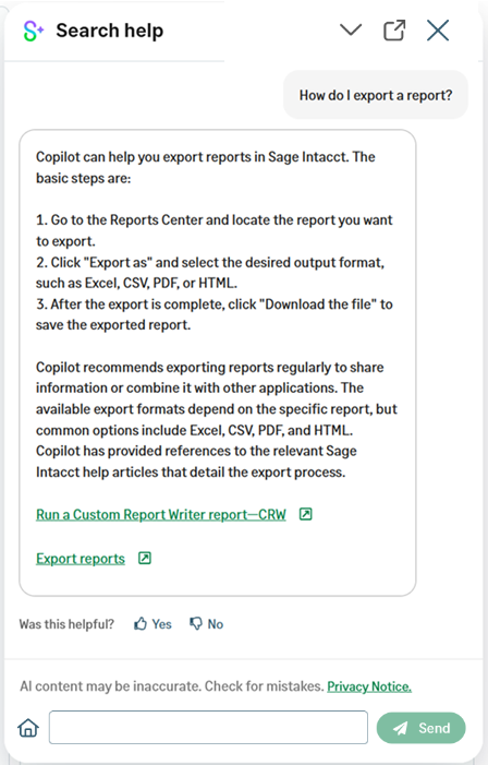 The Copilot panel under Search help.