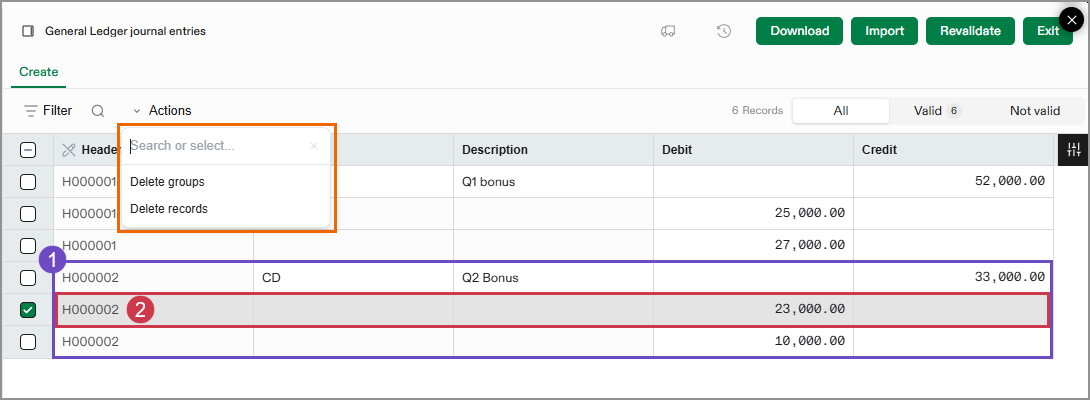 Options when deleting a group or a record.