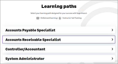 Sage University learning paths.  The Accounts Payable specialist role is highlighted.