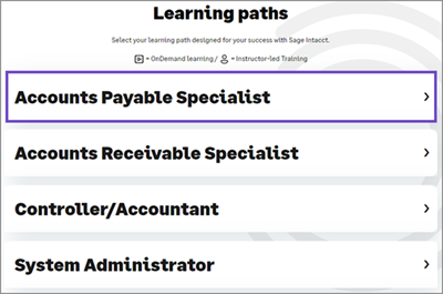 Sage University learning paths.  The Accounts Payable specialist role is highlighted.