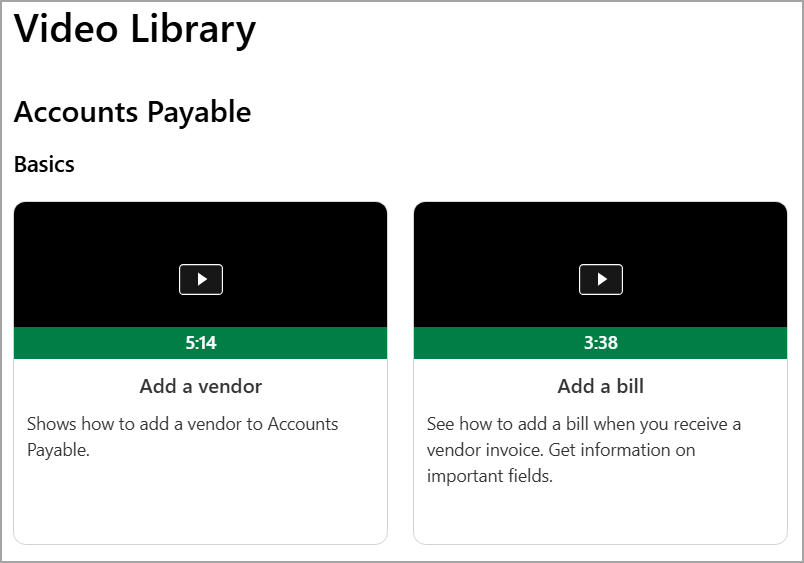 Video library showing Accounts Payable videos