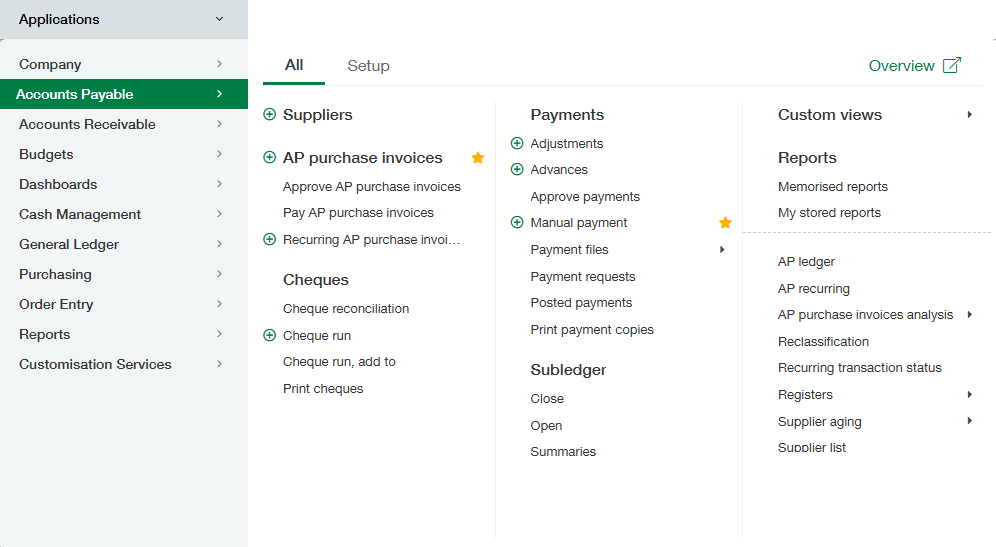 Accounts Payable menu with AP purchase invoices analysis highlighted.