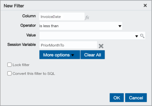 The new filter for the InvoiceDate column uses the is less than operatory and the PriorMonthTo session variable.