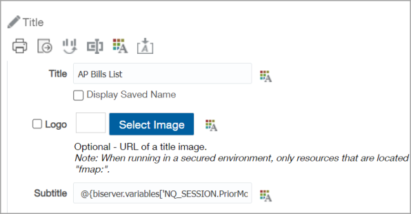 The PriorMonthTo session variable syntax was entered in the Subtitle field: @{biserver.variables['NQ_SESSION.PriorMonthTo']}