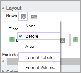 The Rows section of the pivot table with the Sigma icon menu showing the Before and Format Labels options selected.