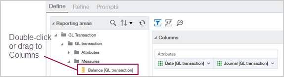 ICRW Reporting areas pane with expanded folders and nested contents. Balance GL transaction is highlighted in the list to show how you can add it as a column.