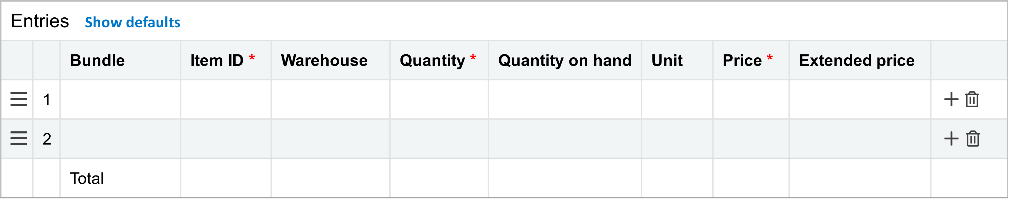 Entries grid with visible columns for Bundle, Item ID, Warehouse, Quantity, Quantity on hand, Unit, Price, and Extended price