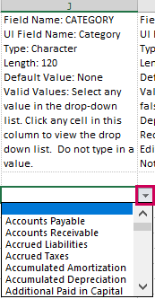 Example of a category selection menu in a CSV import template.