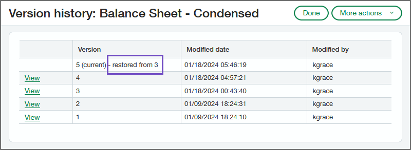 The Version History page for a report, showing a current version 5 that was restored from version 3.