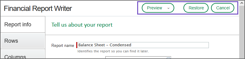 An example of a previous version viewed in the Financial Report Writer.