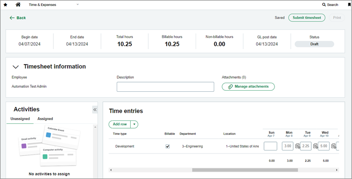 A timesheet details page