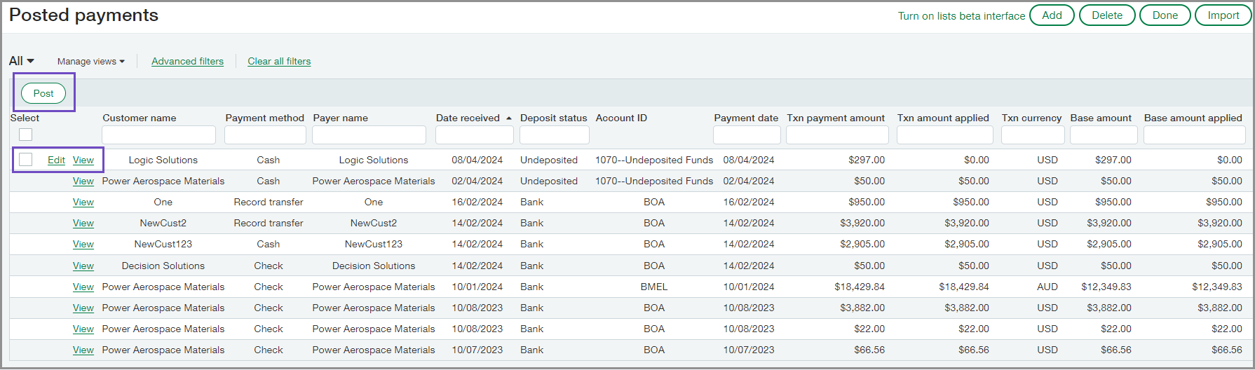Select draft payments on the posted payments list, then select Post to quickly post them