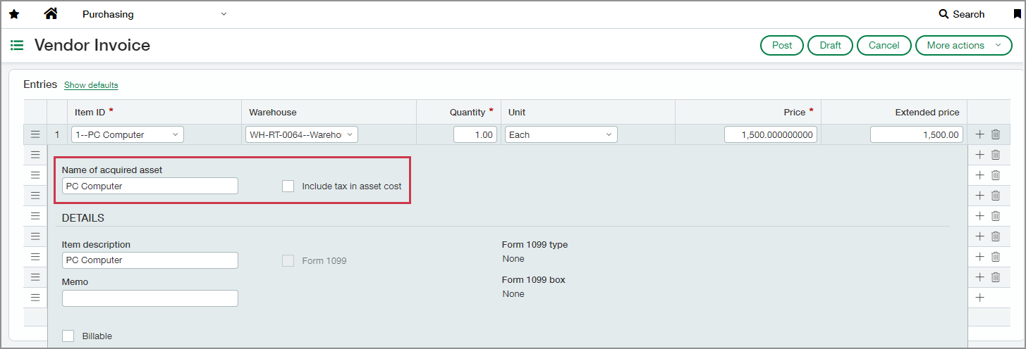 Vendor Invoice showing the new fields for the Fixed Assets Management integration