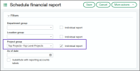 Schedule Financial Report page showing the Filters section with the new Project Group field highlighted.