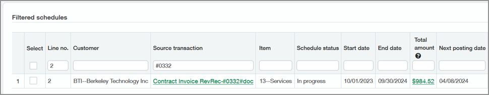 Shows the Filtered Schedules grid with columns filtered by Line number and Source transaction.