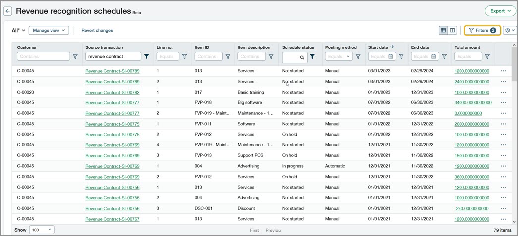 Revenue recognition schedules list
