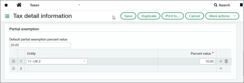 Screenshot of partial exemption tax detail configuration for a UK entity