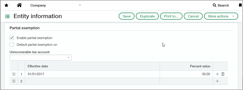 Screenshot of partial exemption enablement for a UK entity