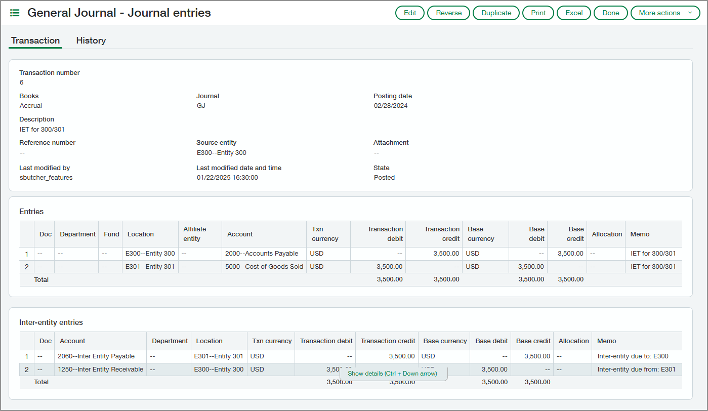An example GL journal entry with auto-tagged affiliate entity.