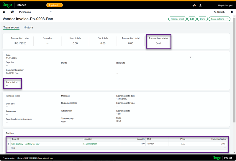 Screenshot of a draft Purchasing transaction with boxes around the draft transaction status, empty tax solution field, and line item entry.