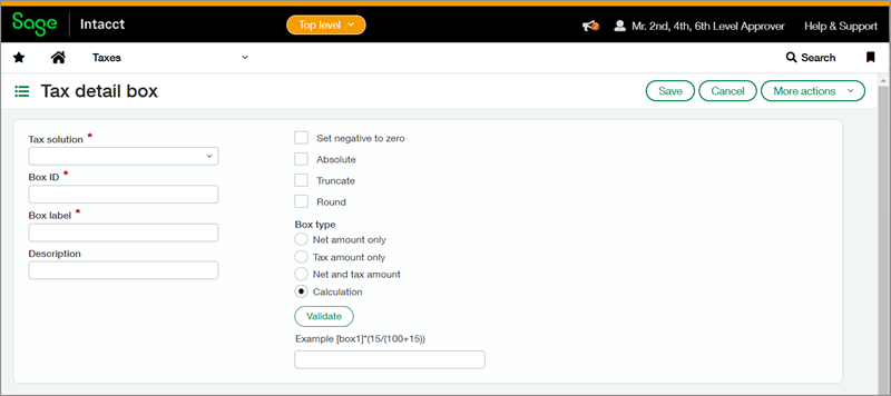 Screenshot of tax detail box definition page with calculation box selected.