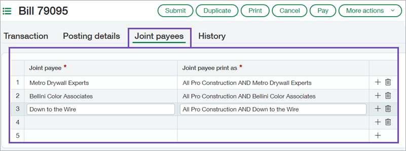 The Joint payee column and the Joint payee print as column appear on the Joint payees tab on a bill