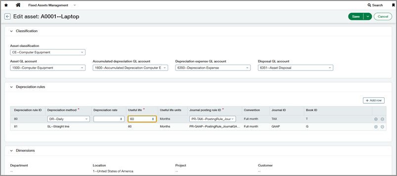 Edit asset page with editable depreciation rules section.