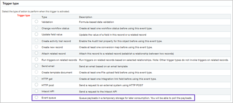 Trigger type selection screen with the Event queue trigger type highlighted.