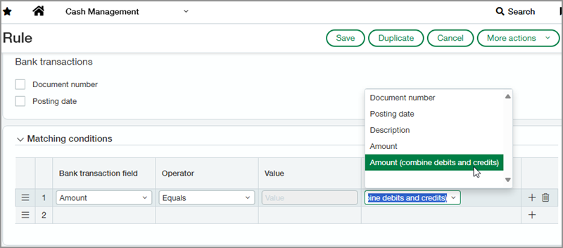 Create matching rule screen, with new Amount (combine debits and credits) option selected