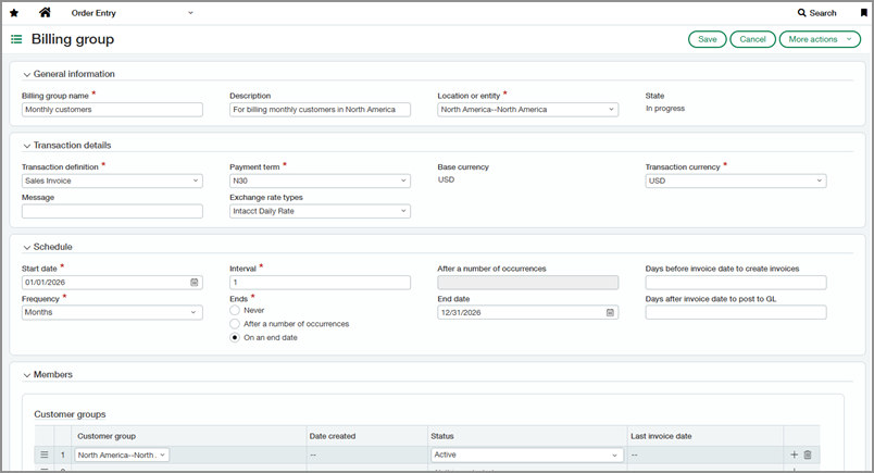 The create billing group page with general information, transaction details, schedule, and members sections