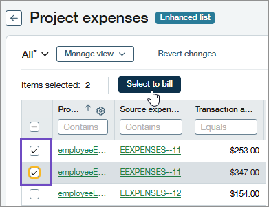 Project expenses page showing how to select expenses for billing