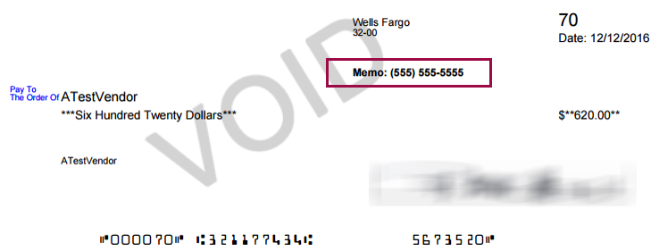 The memo prints under the bank account name and above the Pay to field on the check.