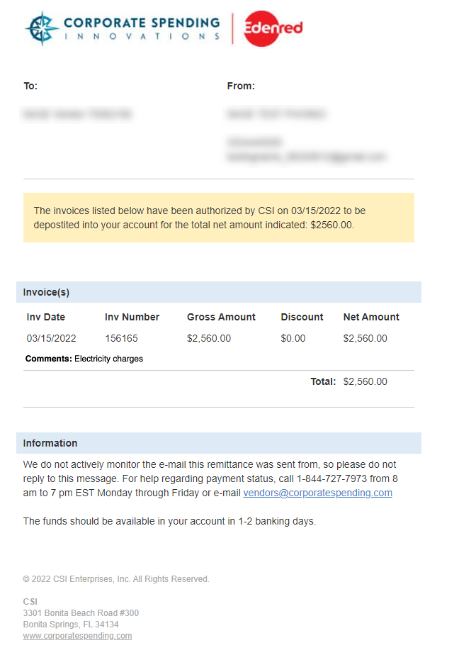 Example of ACH vendor remittance from CSI