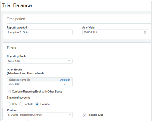 The Trial balance filters show Reporting period = Inception to date, As of date = 03/08/2019, Reporting book = Accrual, Other books = ASC 606, Combine Reporting book with other books = checked, Statistial accounts = Exclude, and Contract = K-00151.