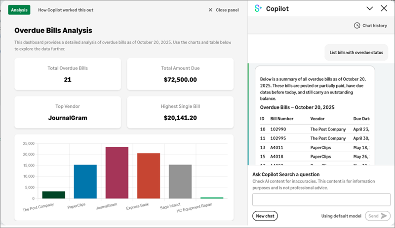 Example of Copilot  analysis including summary cards and a bar chart