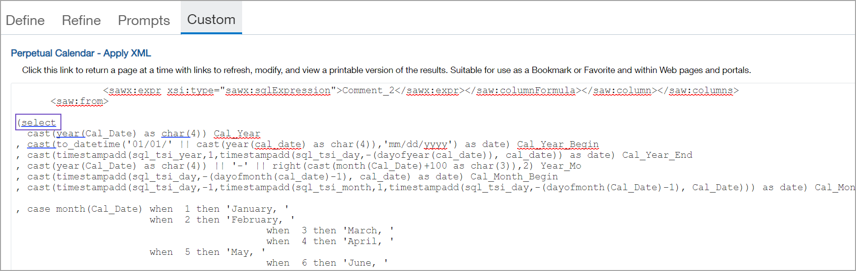 Example showing the XML custom SQL section in the Apply XML pane.
